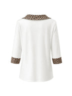 Split-Joint Leopard Contrast Color Three-quarter Sleeves Loose Heaps Collar Blouses&shirts Tops