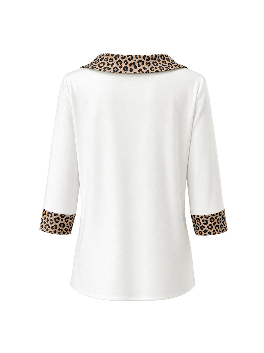 Split-Joint Leopard Contrast Color Three-quarter Sleeves Loose Heaps Collar Blouses&shirts Tops