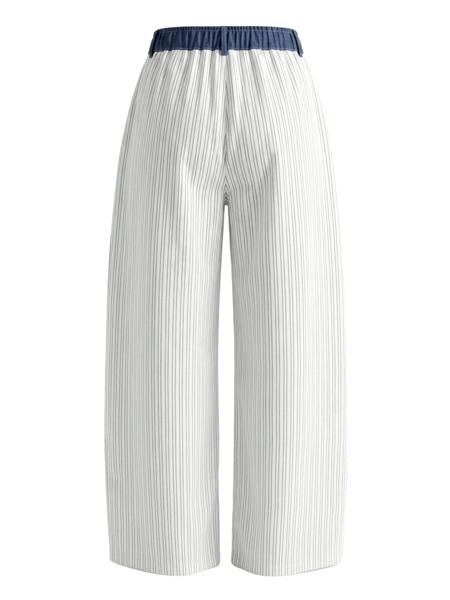 High Waisted Loose Buttoned Contrast Color Pockets Split-Joint Striped Tied Pants Trousers
