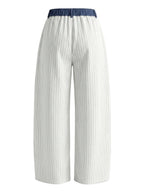 High Waisted Loose Buttoned Contrast Color Pockets Split-Joint Striped Tied Pants Trousers