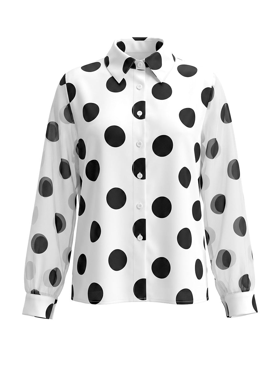 Long Sleeves Loose Buttoned Polka-Dot Printed Lapel Blouses&Shirts Tops