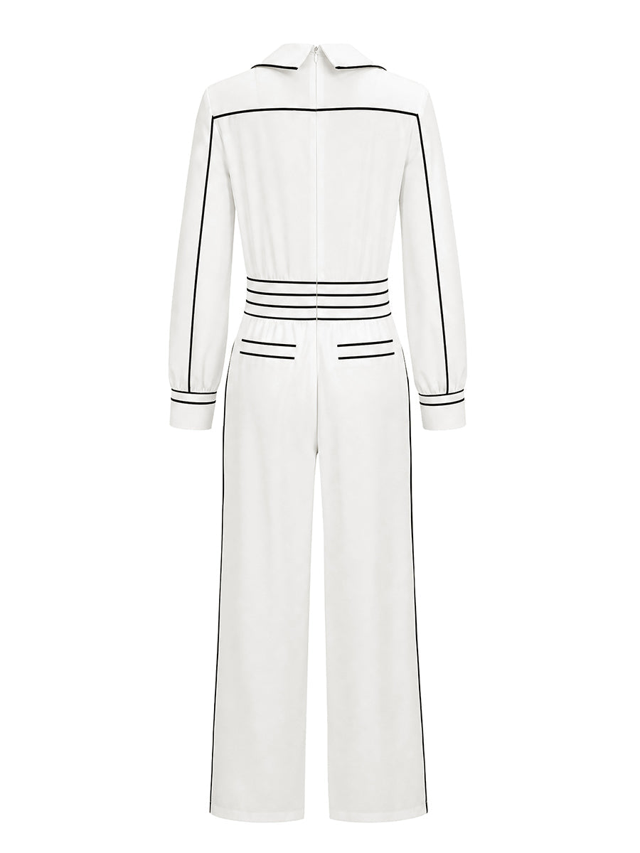 High Waisted Long Sleeves Contrast Color Pleated Pockets Notched Collar Jumpsuits