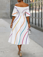 Half Sleeves High Waisted Elasticity Printed Off-The-Shoulder Midi Dresses
