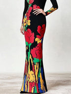 Skinny Flower Print Multi-Colored High Neck Maxi Dresses