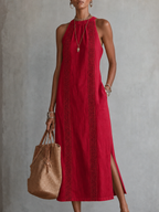 Sleeveless High-Waisted Pockets Printed Solid Color Halter-Neck Midi Dresses