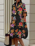 A-Line Half Sleeves Buttoned Contrast Color Flower Print Pockets Lapel Midi Dresses Shirt Dress