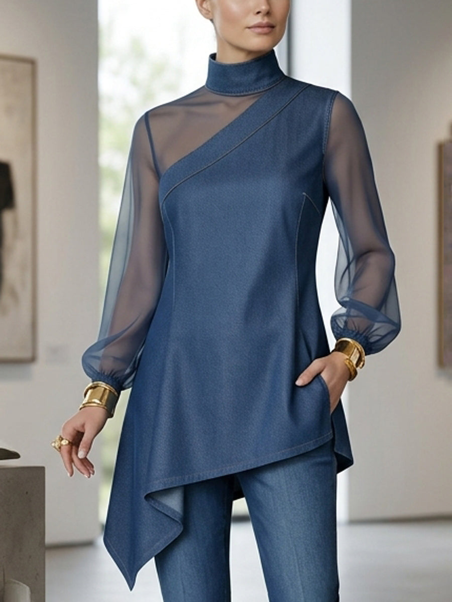 Long Sleeves Puff Sleeves Asymmetric Mesh Split-Joint Mock Neck Blouses&Shirts Tops
