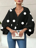 Long Sleeves Loose Contrast Color Pleated Polka Dot Split-Joint Lapel Blouses&Shirts Tops