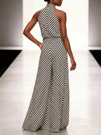 Sleeveless Contrast Color Draped Striped Halter-Neck Blouses&Shirts Tops