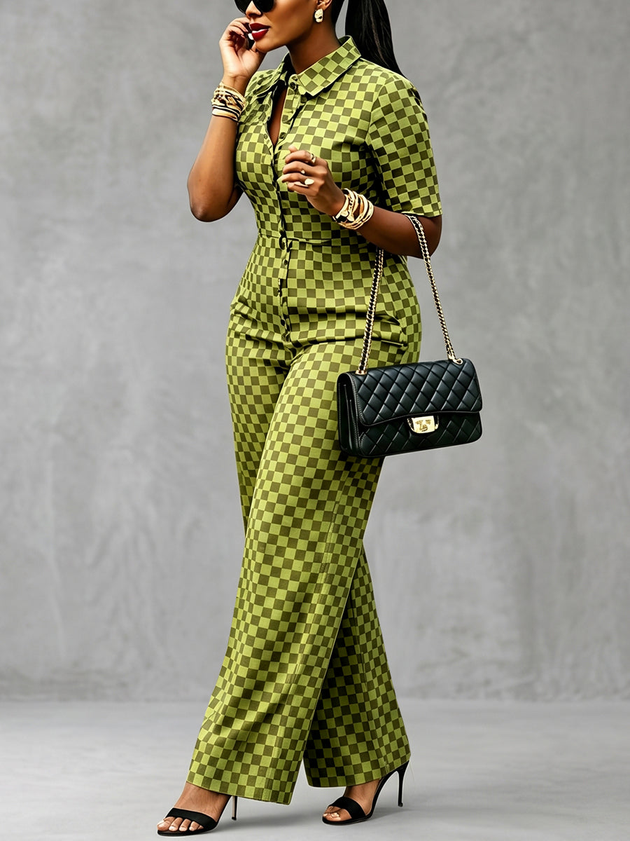 Contrast Color Checkerboard Buttoned Wide Leg Half Sleeves Lapel Jumpsuits