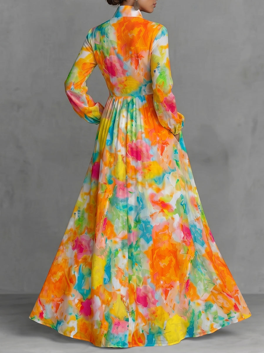 Printed Pockets Pleated Contrast Color Buttoned Long Sleeves A-Line Lapel Shirt Dress Maxi Dresses