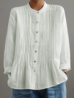 Long Sleeves Loose Buttoned Pleated Solid Color Round-Neck Blouses&Shirts Tops