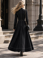 Zipper Split-Joint Pockets Pleated Contrast Color Long Sleeves High Waisted Mock Neck Maxi Dresses