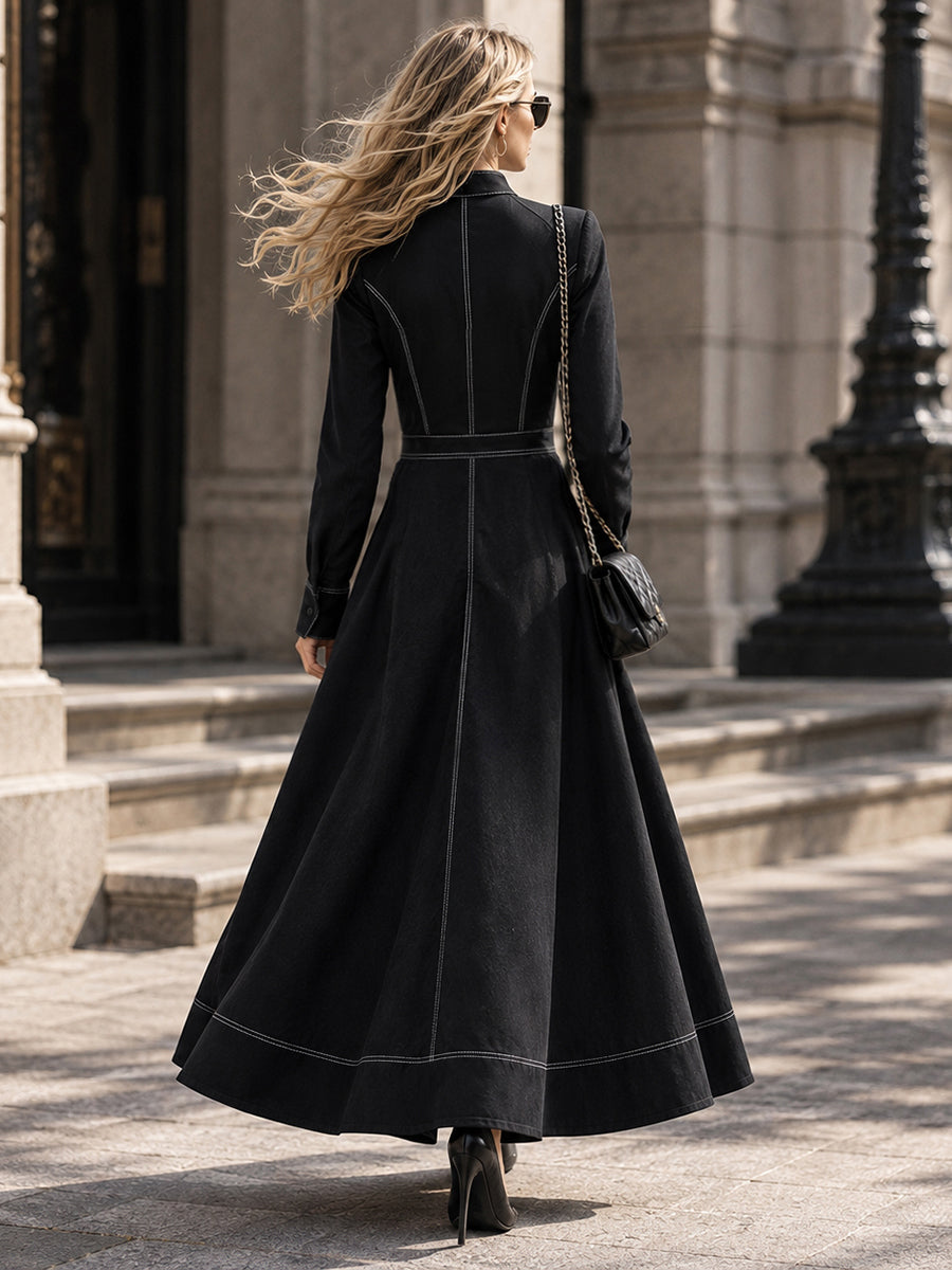Zipper Split-Joint Pockets Pleated Contrast Color Long Sleeves High Waisted Mock Neck Maxi Dresses