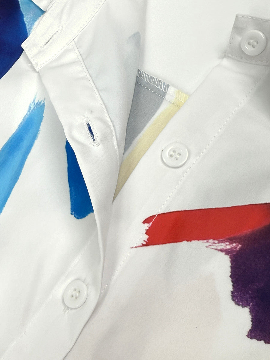 Long Sleeves Loose Buttoned Contrast Color Tied Lapel Blouses&Shirts Tops