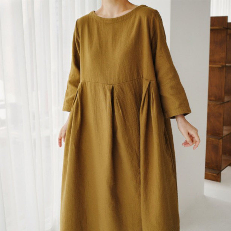 100% Linen Bateau Neck Pleated Maxi Dress