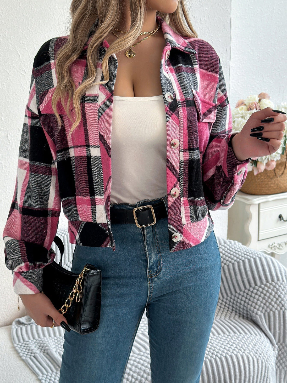 COVA™ - Casual Plaid Button Front Long Sleeve Jacket