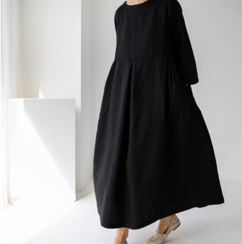 100% Linen Bateau Neck Pleated Maxi Dress