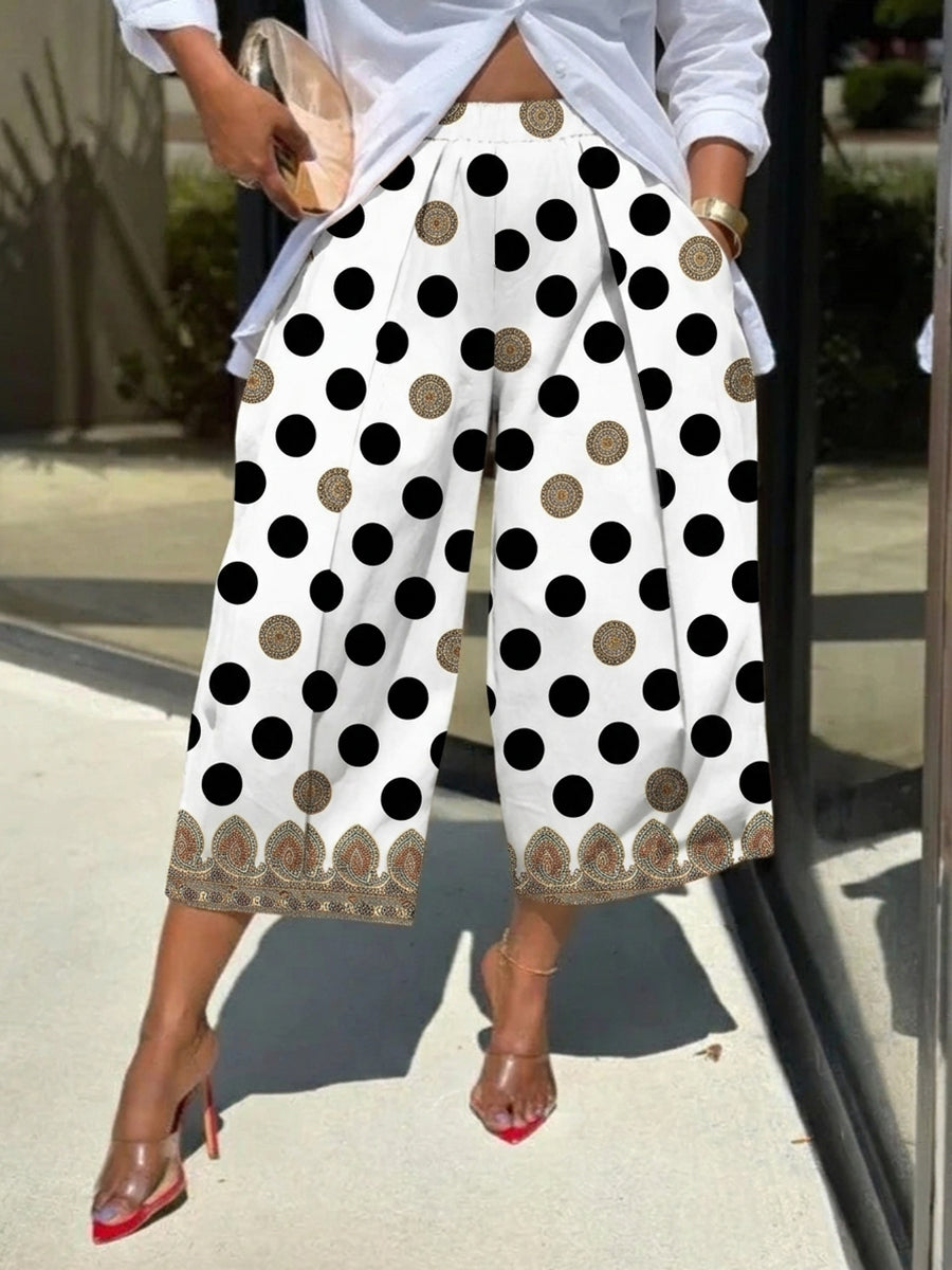 Printed Polka-Dot Pockets Elasticity Contrast Color Wide Leg High Waisted Ninth Pants