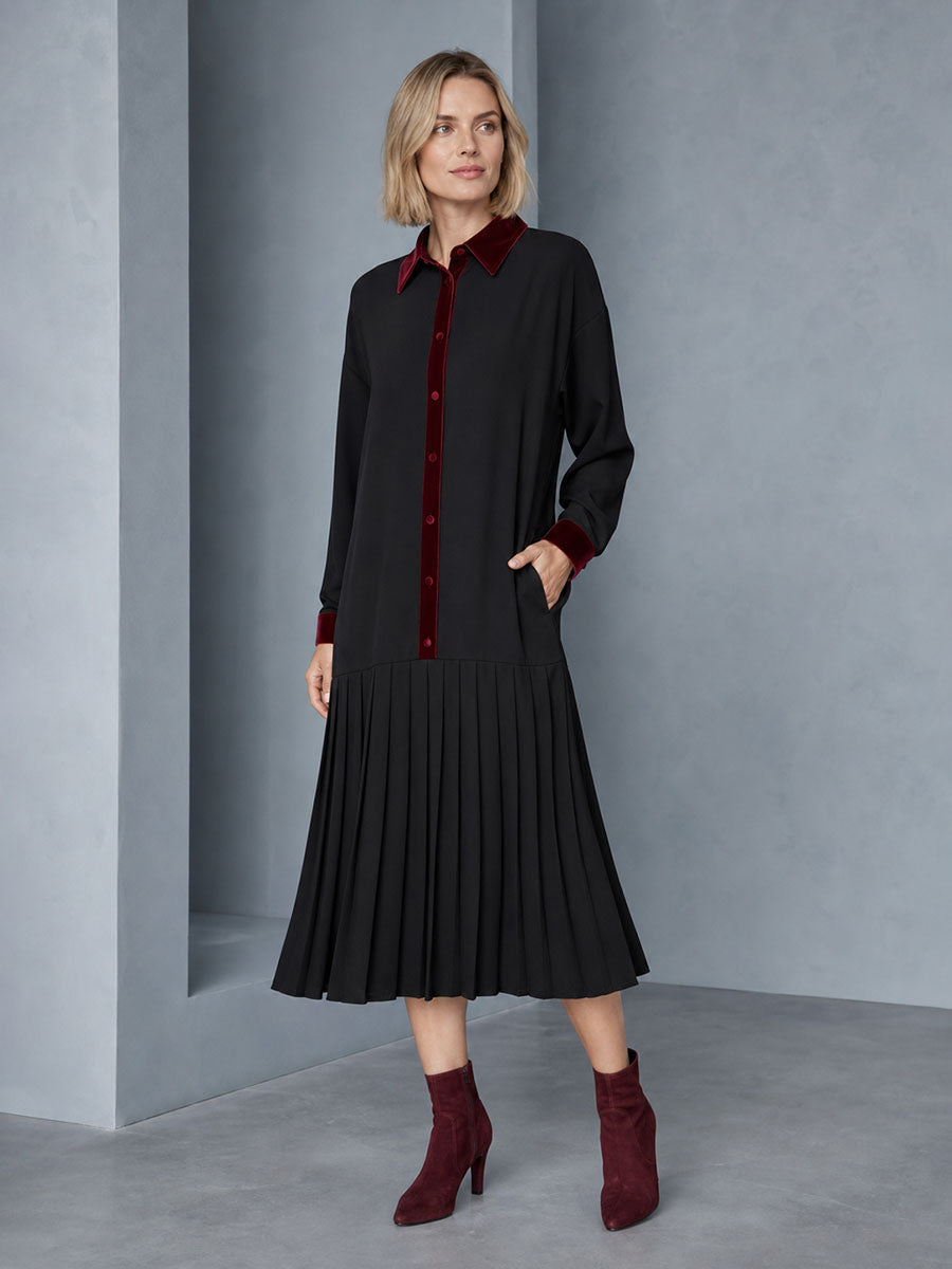 Velvet Split-Joint Pockets Pleated Contrast Color Buttoned Loose Long Sleeves Lapel Midi Dresses