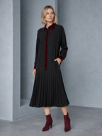 Velvet Split-Joint Pockets Pleated Contrast Color Buttoned Loose Long Sleeves Lapel Midi Dresses