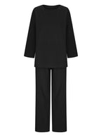 Loose Solid Color Long Sleeves Round-neck Shirts Top + Drawstring Pants Bottom Two Pieces Set