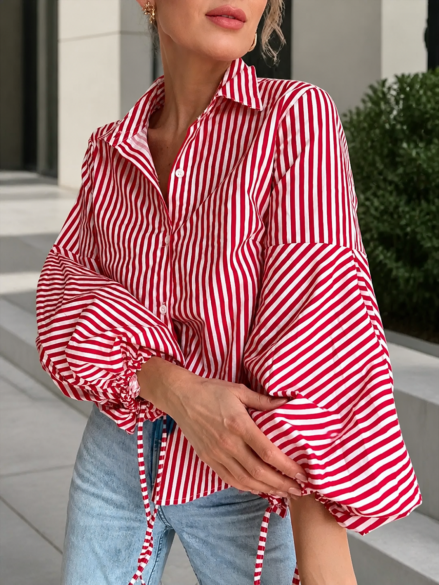 Striped Split-Joint Drawstring Buttoned Puff Sleeves Loose Lapel Blouses&shirts Tops