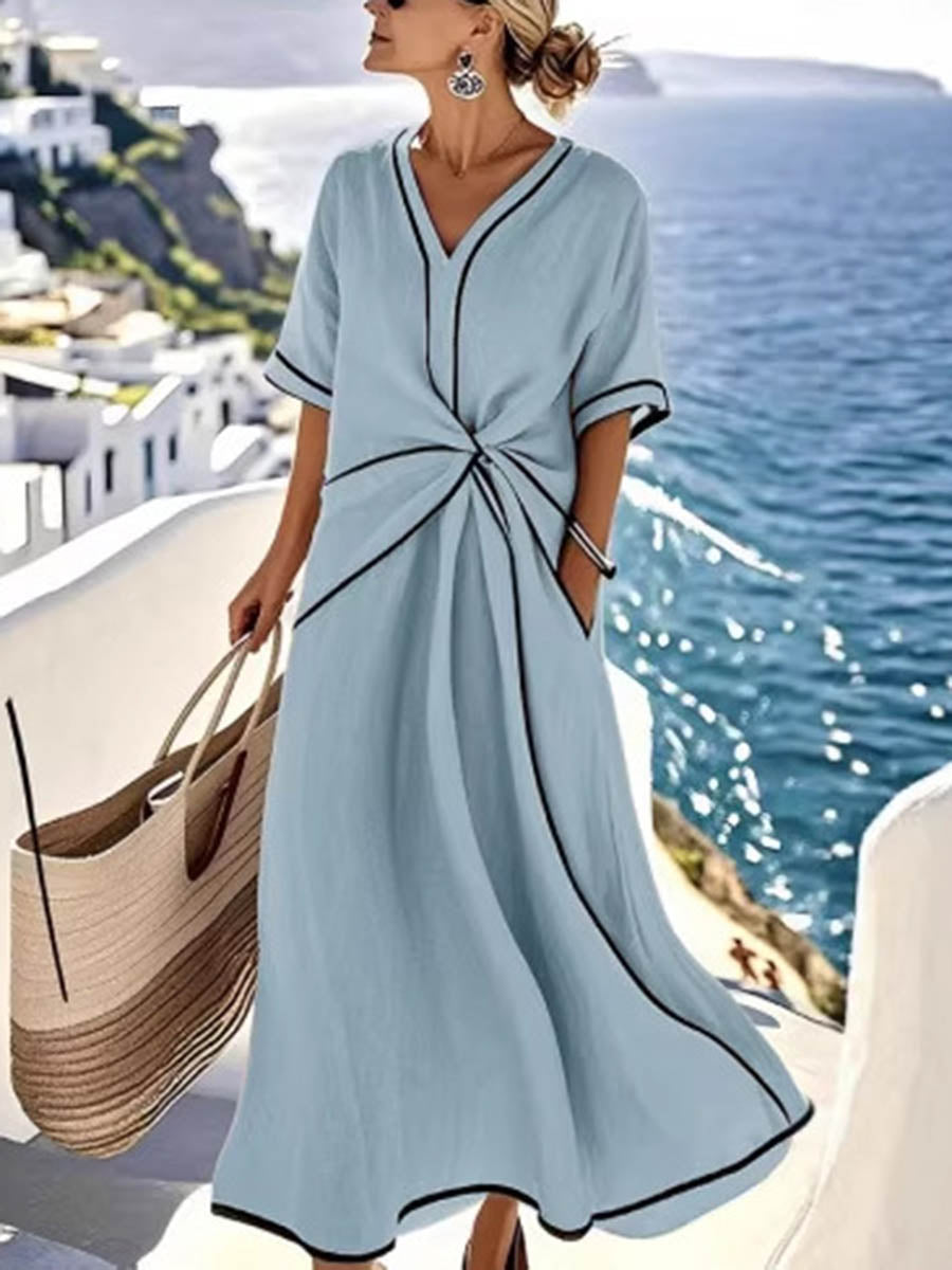 A-Line High Waisted Contrast Color Knot Line Pleated Pockets V-Neck Midi Dresses