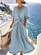 A-Line High Waisted Contrast Color Knot Line Pleated Pockets V-Neck Midi Dresses