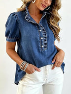 Split-Joint Solid Color Ruffled Pleated Buttoned Short Sleeves Stand Collar Blouses&shirts Tops
