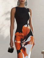 Skinny Sleeveless Flower Print Round-Neck Maxi Dresses