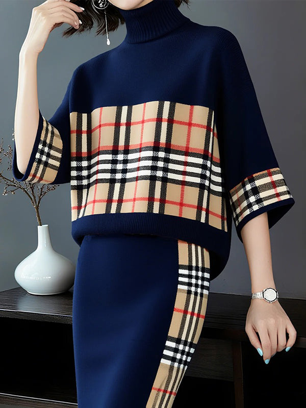 Loose Three-Quarter Sleeves Plaid Pullovers Sweater Tops