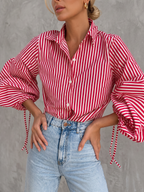 Striped Split-Joint Drawstring Buttoned Puff Sleeves Loose Lapel Blouses&shirts Tops