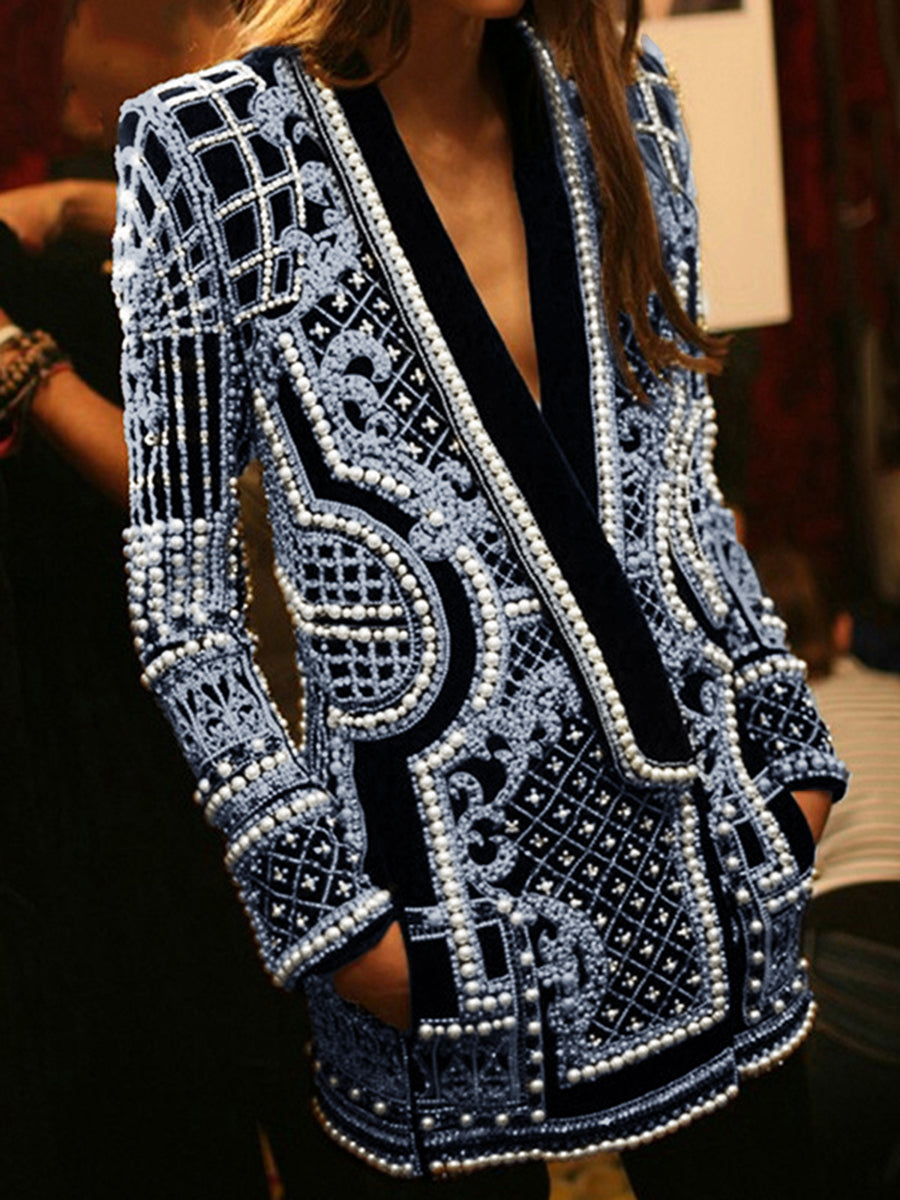 Long Sleeves Loose Beads Printed V-Neck Blazer Outerwear(Size is larger than normal.)