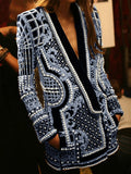 Long Sleeves Loose Beads Printed V-Neck Blazer Outerwear(Size is larger than normal.)