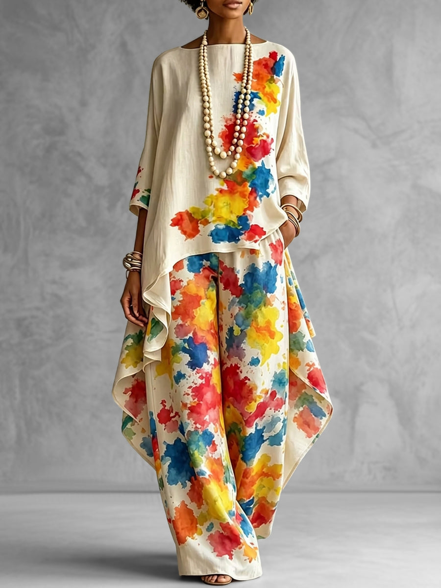 High-Low Loose Asymmetric Contrast Color Printed Boat Neck Blouses&Shirts Tops