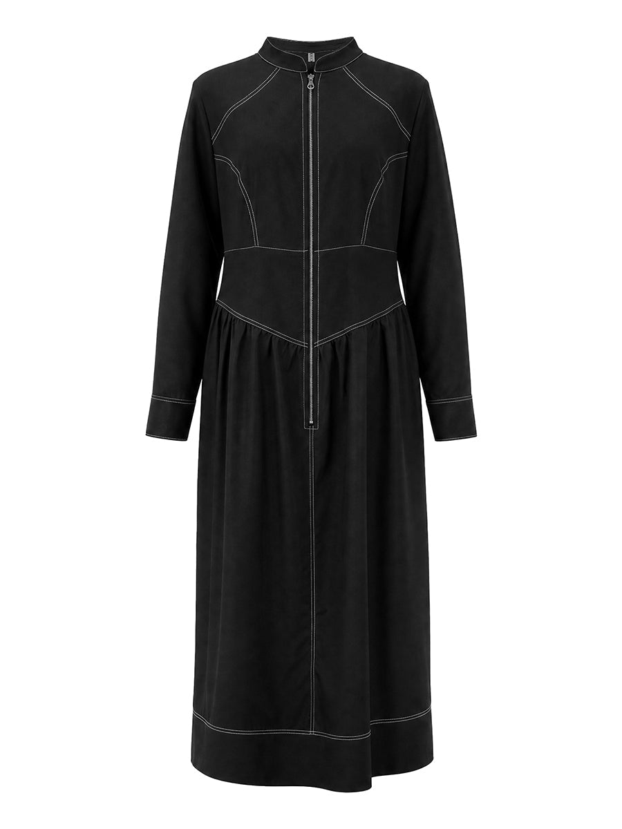 Zipper Split-Joint Pockets Pleated Contrast Color Long Sleeves High Waisted Mock Neck Maxi Dresses