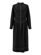 Zipper Split-Joint Pockets Pleated Contrast Color Long Sleeves High Waisted Mock Neck Maxi Dresses