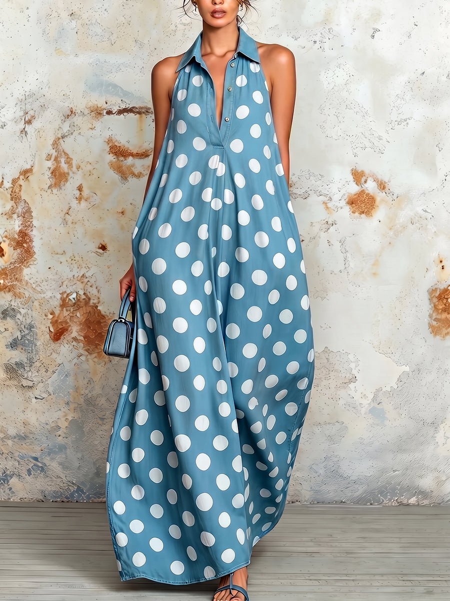 Polka Dot Pleated Contrast Color Buttoned Sleeveless Loose Lapel Maxi Dresses