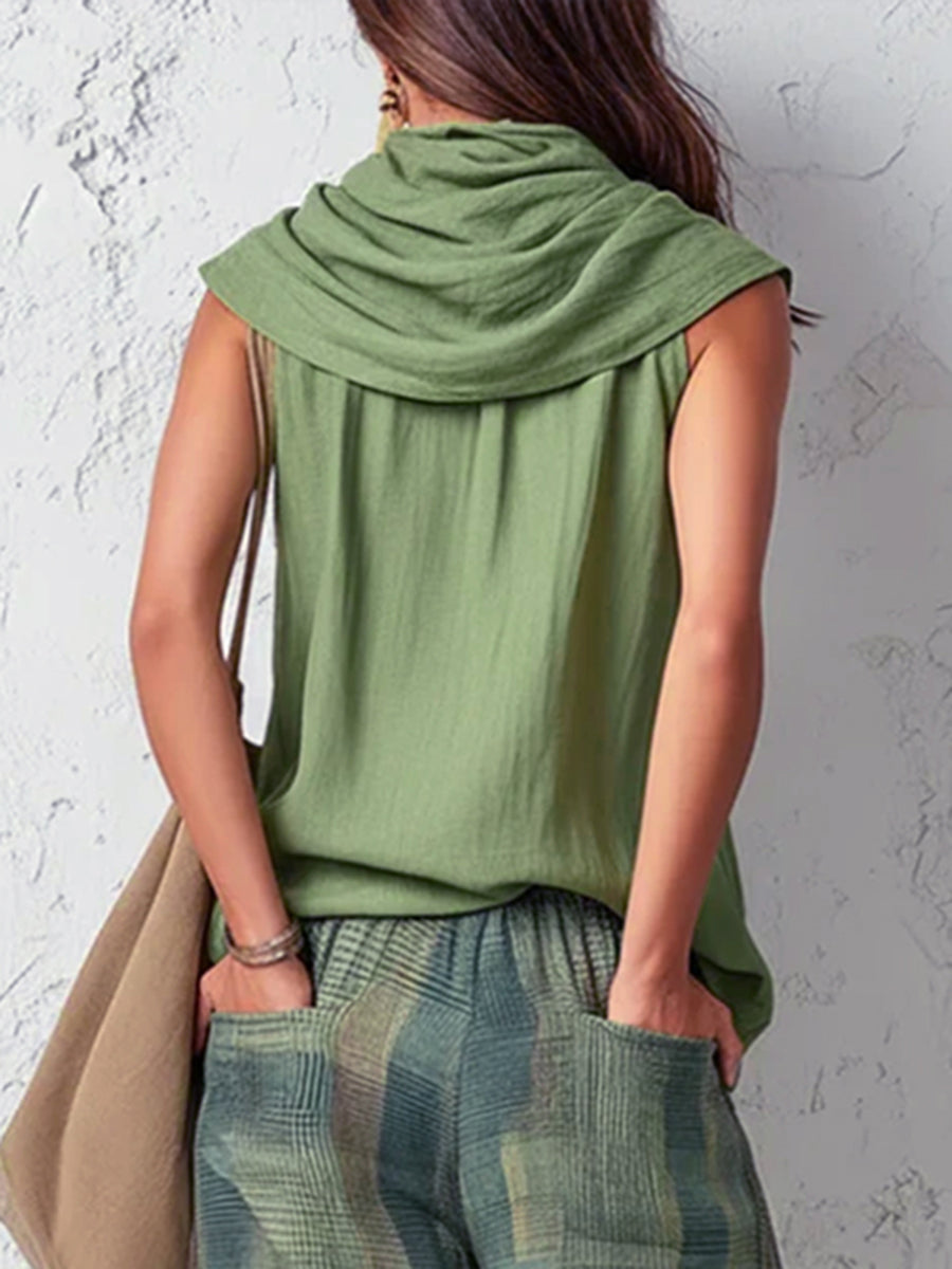 Solid Color Pleated Sleeveless Loose Halter-Neck Tank Top