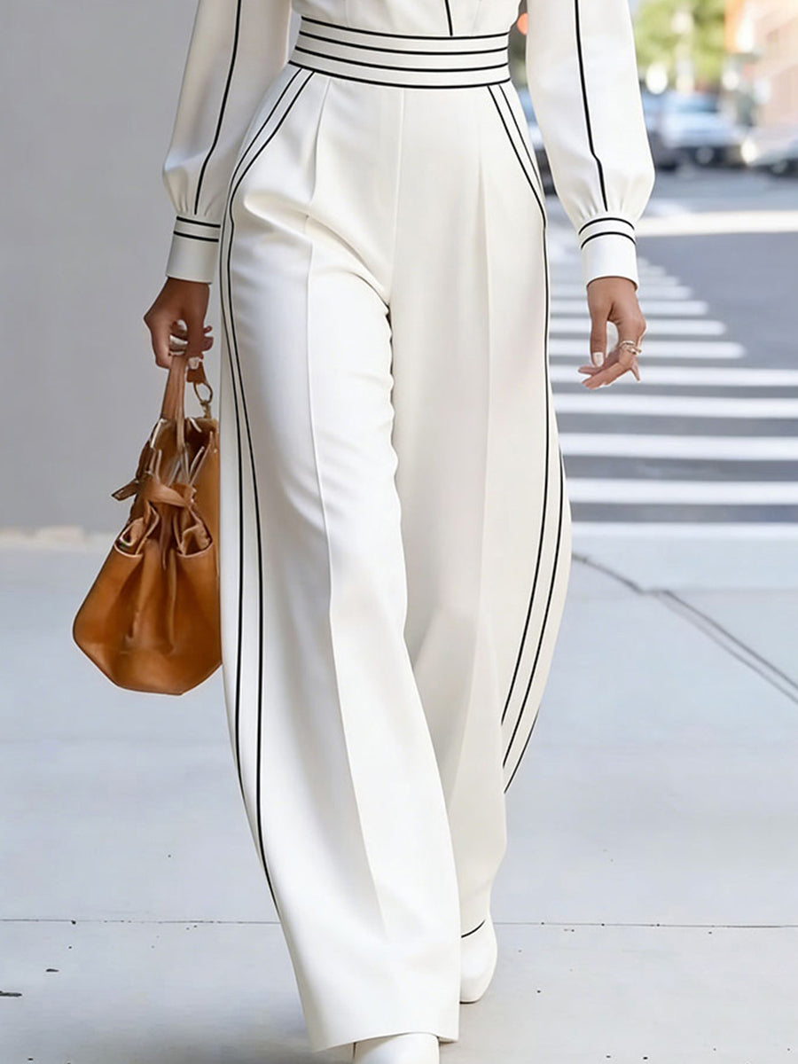 High Waisted Long Sleeves Contrast Color Pleated Pockets Notched Collar Jumpsuits