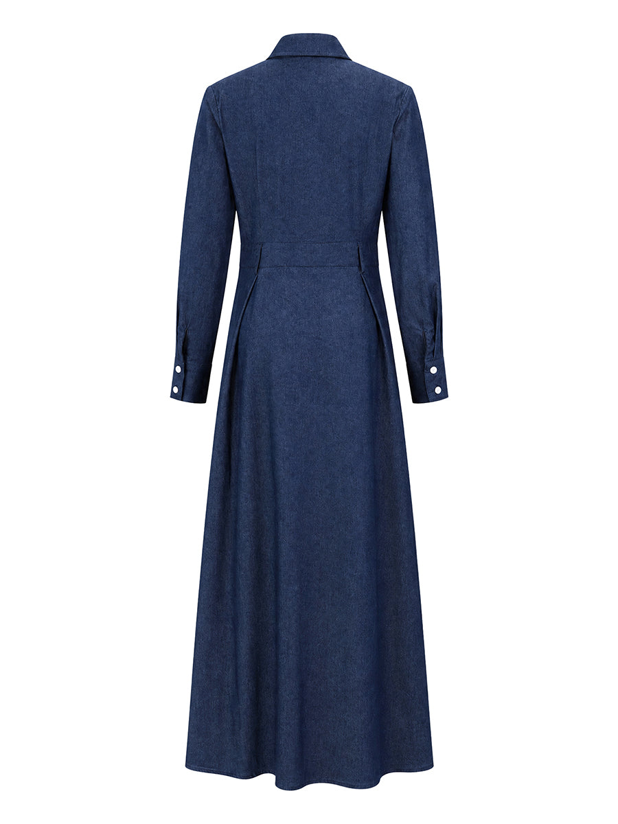 Split-Joint Solid Color Pockets Buttoned Long Sleeves High Waisted Lapel Maxi Dresses