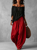 Pleated Solid Color Off-The-Shoulder Batwing Sleeves Blouses&Shirts Tops + High Waisted Elasticity Pants Trousers Two Pieces Set