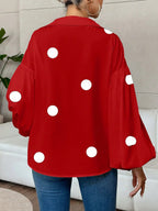 Long Sleeves Loose Contrast Color Pleated Polka Dot Split-Joint Lapel Blouses&Shirts Tops
