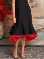 Loose Sleeveless Contrast Color Split-Joint Tiered High Neck Evening Dresses Midi Dresses