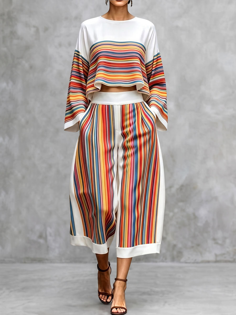 Striped Pockets Colorful Wide Leg Loose Cropped Trousers