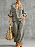 Split-Joint Plaid Contrast Color Three-quarter Sleeves Flared Sleeves V-neck Blouses&shirts Tops
