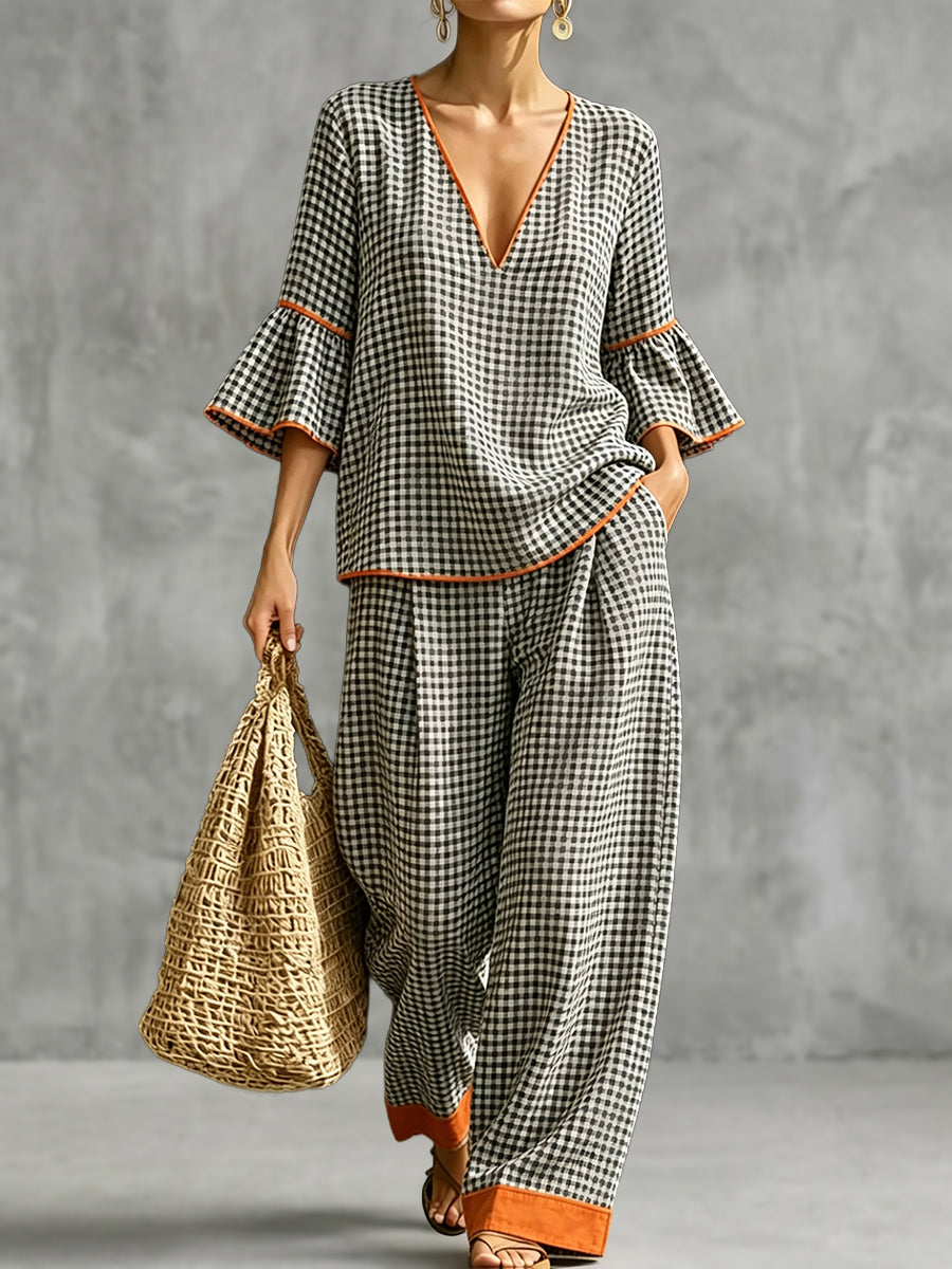 Split-Joint Plaid Contrast Color Three-quarter Sleeves Flared Sleeves V-neck Blouses&shirts Tops