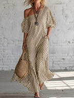 Loose Plus Size Pockets Striped One-Shoulder Maxi Dresses