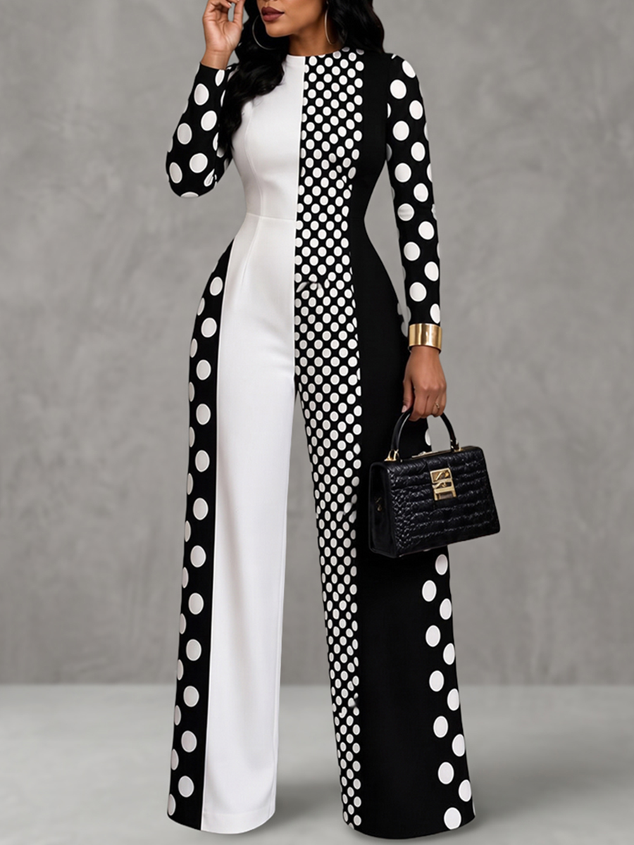 Zipper Split-Joint Polka-Dot Contrast Color Long Sleeves High Waisted Round-neck Jumpsuits
